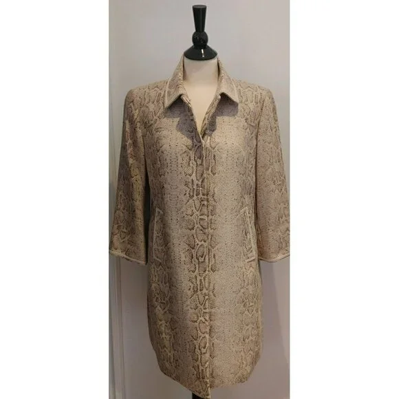 NWT TAHARI Calypso Coat in Stone Snakeskin Print 3/4" Sleeve Button Front Size M